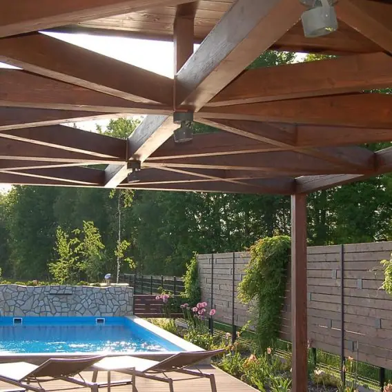 Gazebos, pergolas, water elements, stairs, walls, lighting